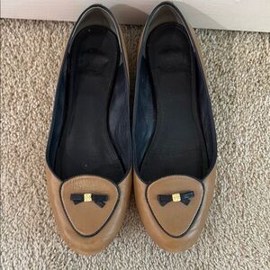 Tory Burch Tan and Black Suede Flats with Eye Embellishment